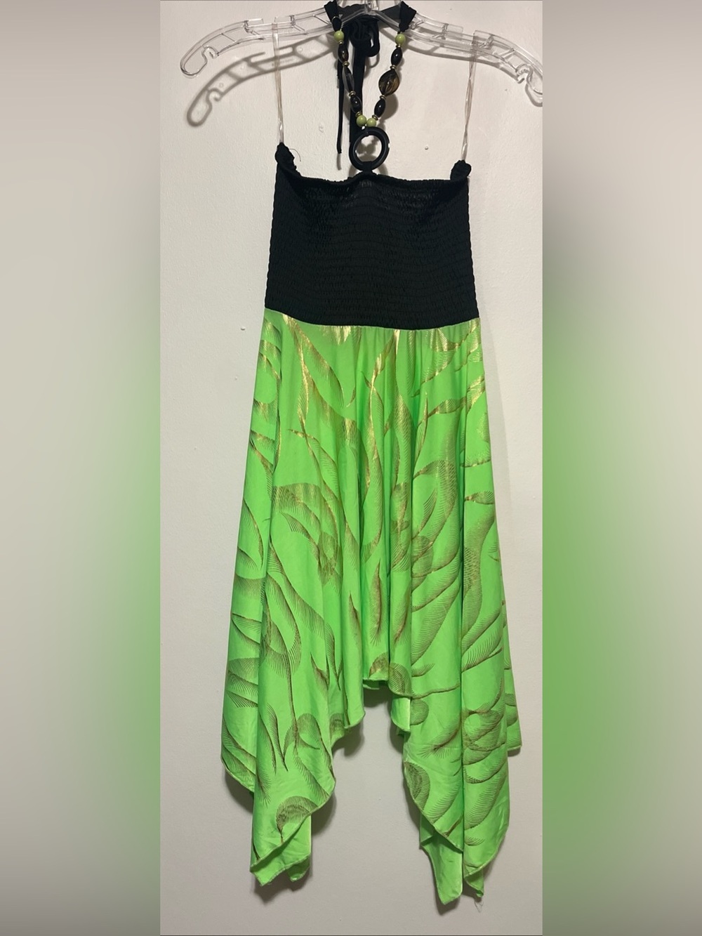Black & Lime Green Metallic Print Smocked Hankerchief Dress